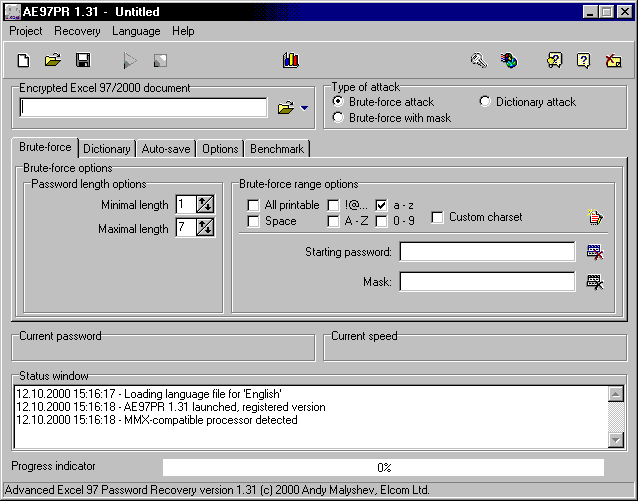 Advanced Excel 97 Password Recovery Screenshot